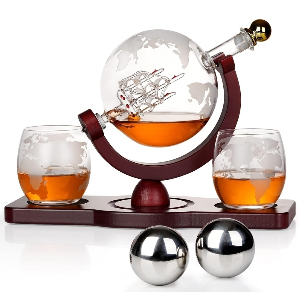 Gifts for Men Dad PONPUR Whiskey Decanter Globe Set with 2 Ball Stones & Glass